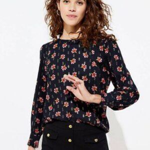 🔺️Loft Black & Red Floral Print & Metallic Gold Long Sleeve Top Small